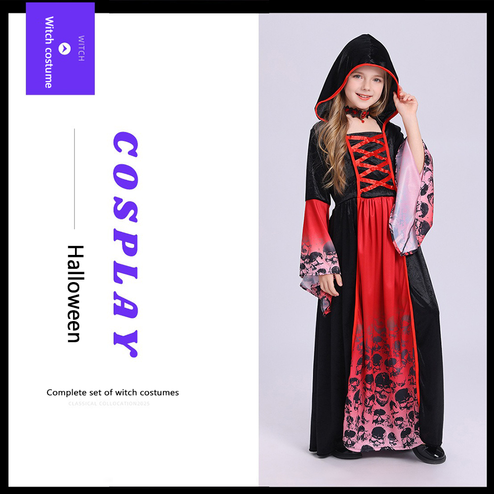Women'S Red Formal Wear - زي ساحرة أحمر وأسود مع قلنسوة